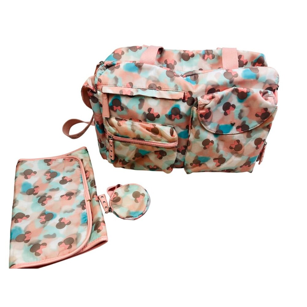 Disney Baby Pink & Blue Minnie Mouse Pattern Diaper Bag Large Travel Tote